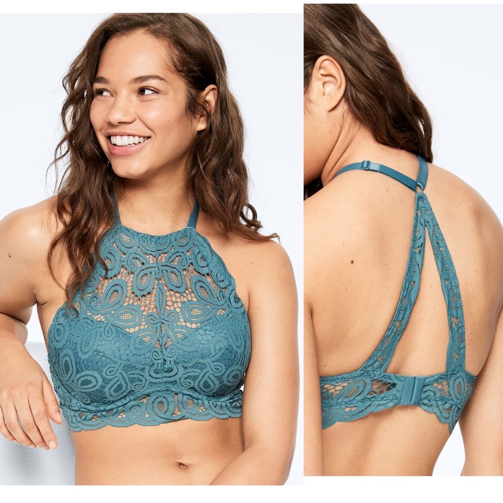 SMALL VS PINK teal crochet lace pushup bralette